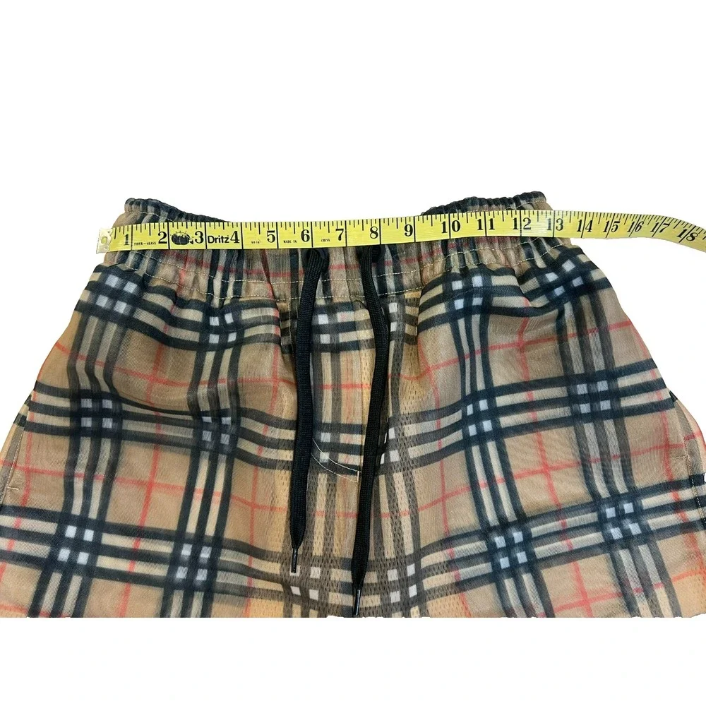 New Burberry Men's Swim Short Iconic Plaid Sheer Over Tan Mesh Pullon Pockets XS